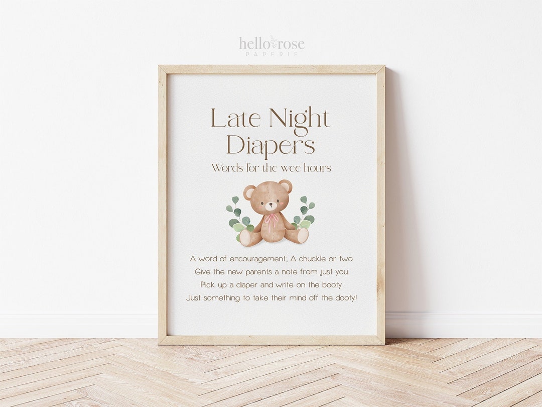 Late Night Diapers Teddy Bear Printable Game Sign . Baby Shower Girl ...