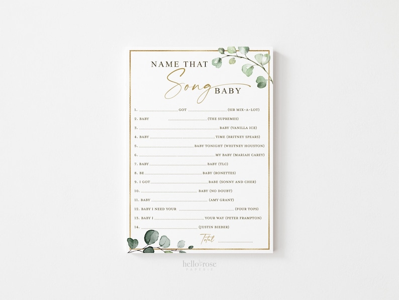 K&ouml;nnte beinhalten: Ein druckbares Babyparty-Spiel mit gr&uuml;nem Blumenrand. Das Spiel hei&szlig;t "Name That Song Baby" und listet 14 Songs mit dem Wort "Baby" im Titel auf.