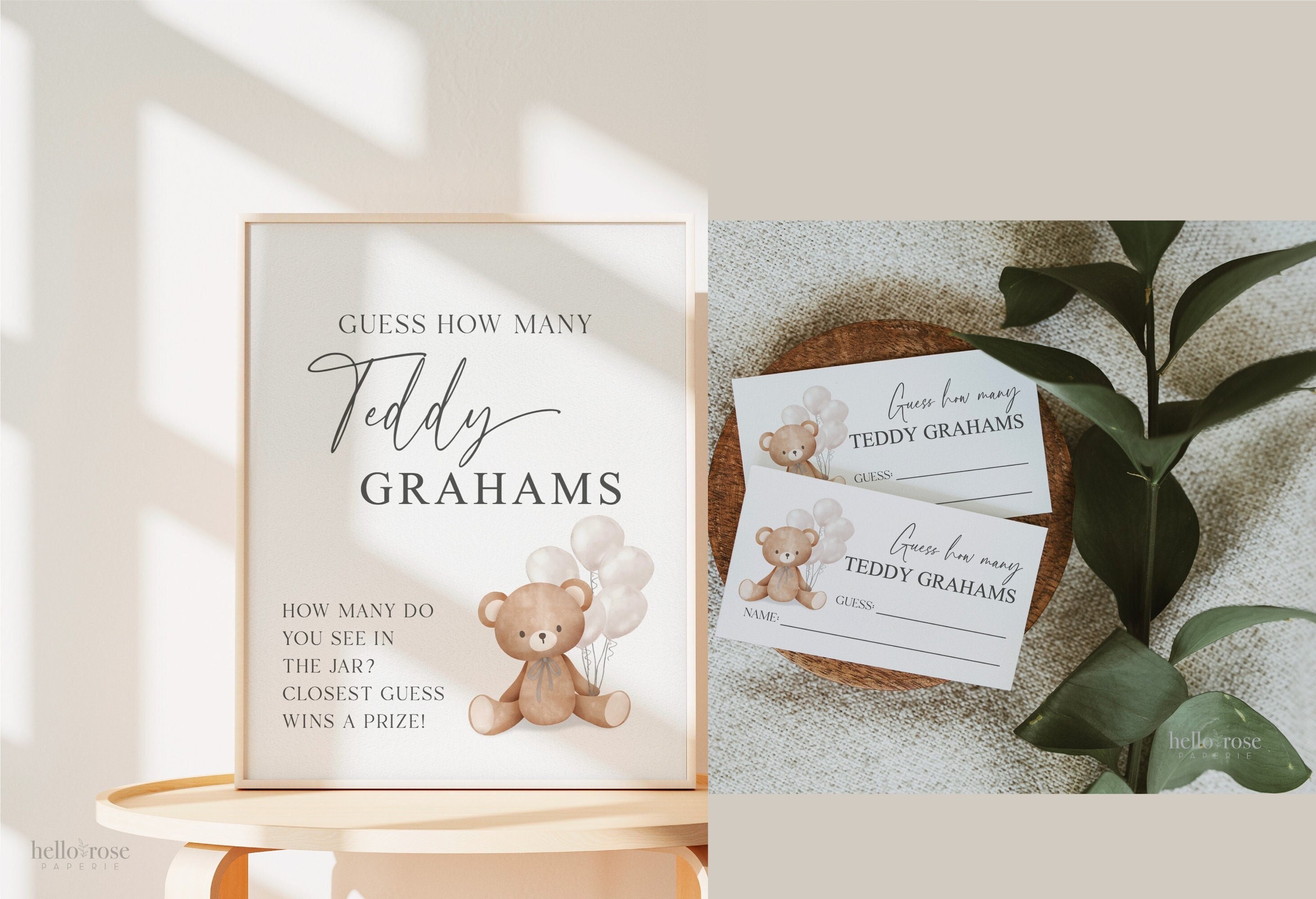 Guess How Many Teddy Grahams Baby Shower Game, Teddy Bear with WHITE Balloons, Gender Neutral,  We Can Bearly Wait, Template Download