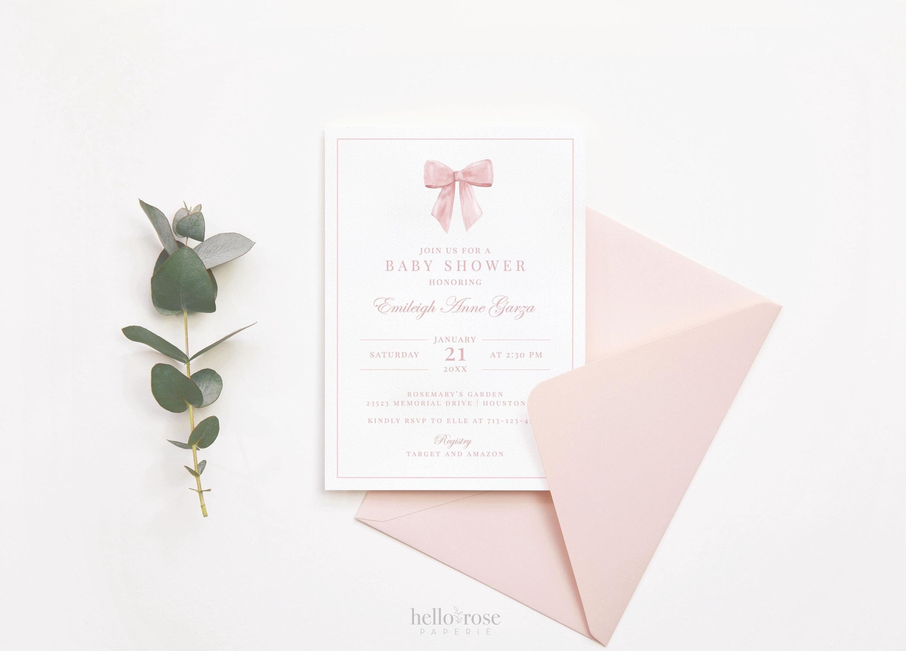 Pink Bow Baby Shower Invitation, Girl Watercolor Bow, Baby Sprinkle Elegant Minimalist Invite, Editable Template Download TEMPLETT