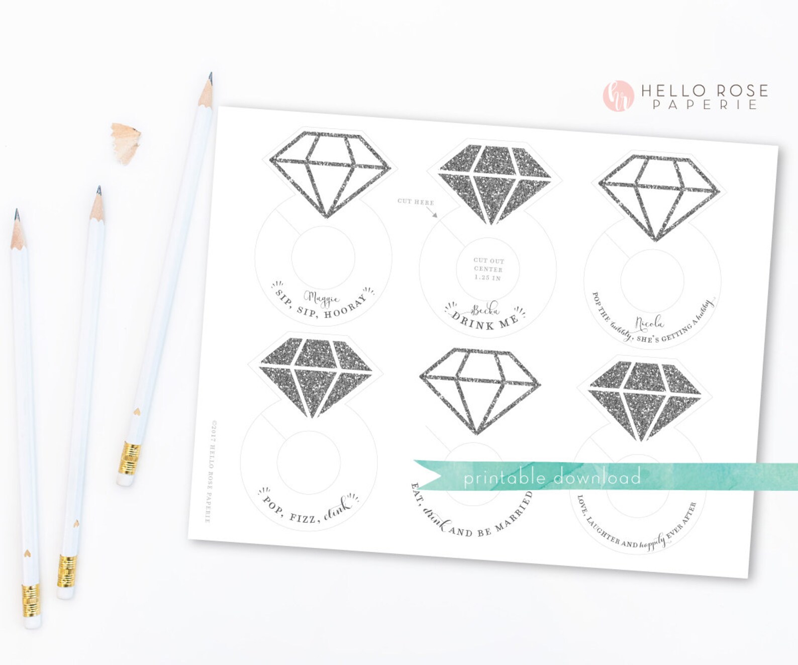 Diamond Ring Wine Glass Drink Tags . Printable Bachelorette - Etsy