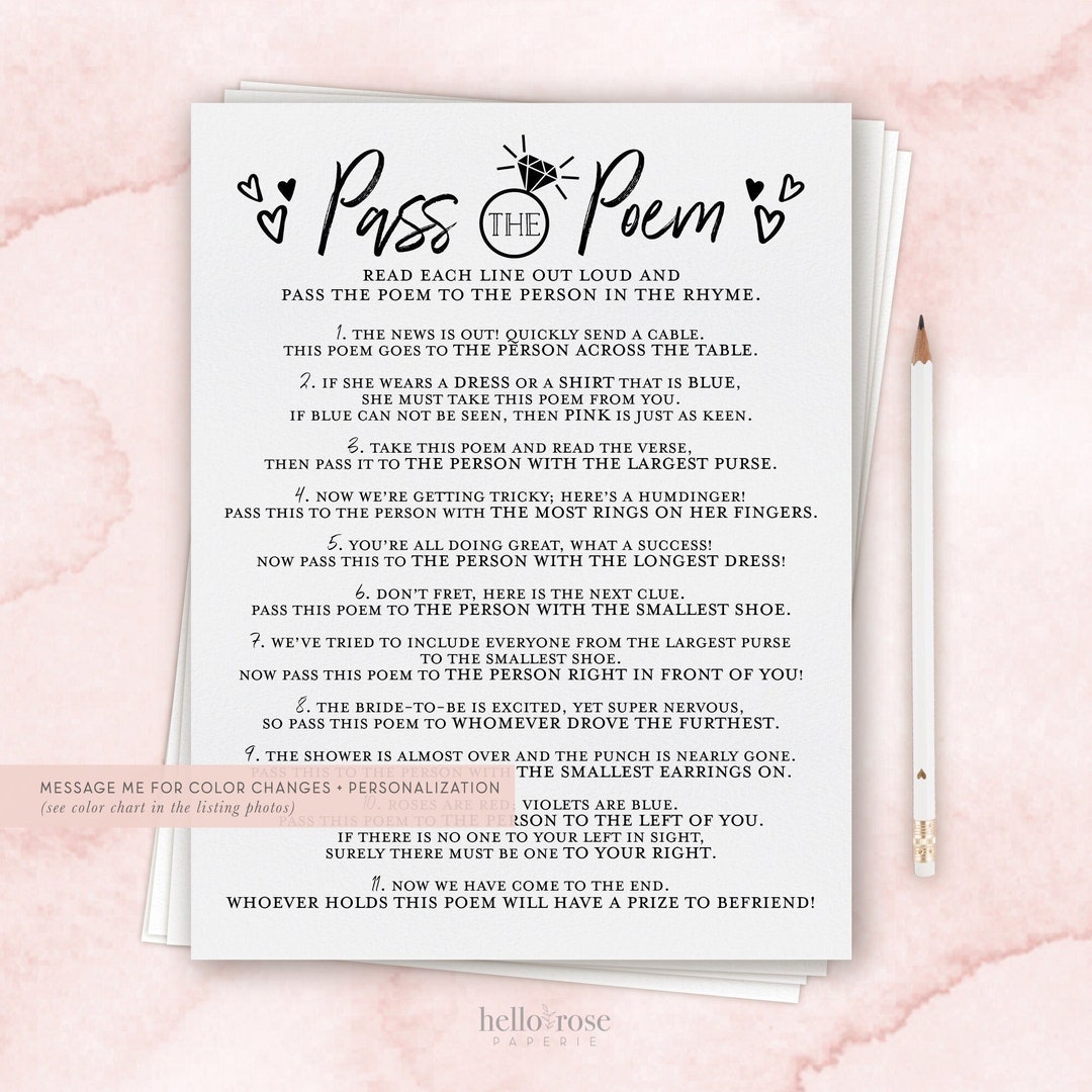Pass the Poem Bridal Shower Printable Game . Bachelorette Hens Party ...