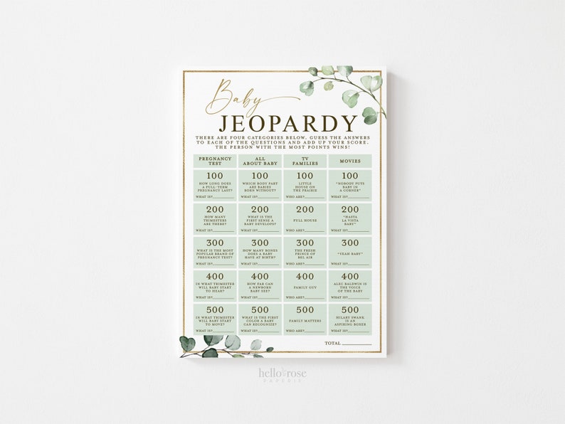 Baby Jeopardy Printable Baby Shower Game . Greenery and Gold . Etsy
