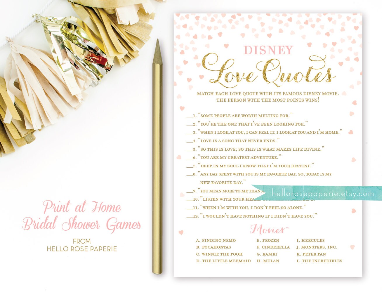 Disney Love Quotes Bridal Shower Game Disney Movie Quotes Etsy