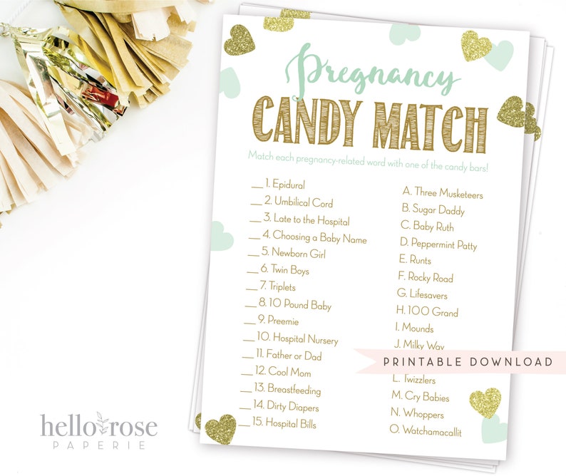 Pregnancy Candy Match Printable Game . Mint and Gold Hearts . Etsy