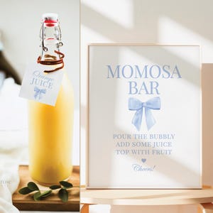 May include: A white sign with blue text and a blue watercolor bow reads "Mimosa Bar".  The sign also includes instructions for making a mimosa: "Pour the bubbly, add some juice, top with fruit. Cheers!"  A bottle of orange juice is in the background.