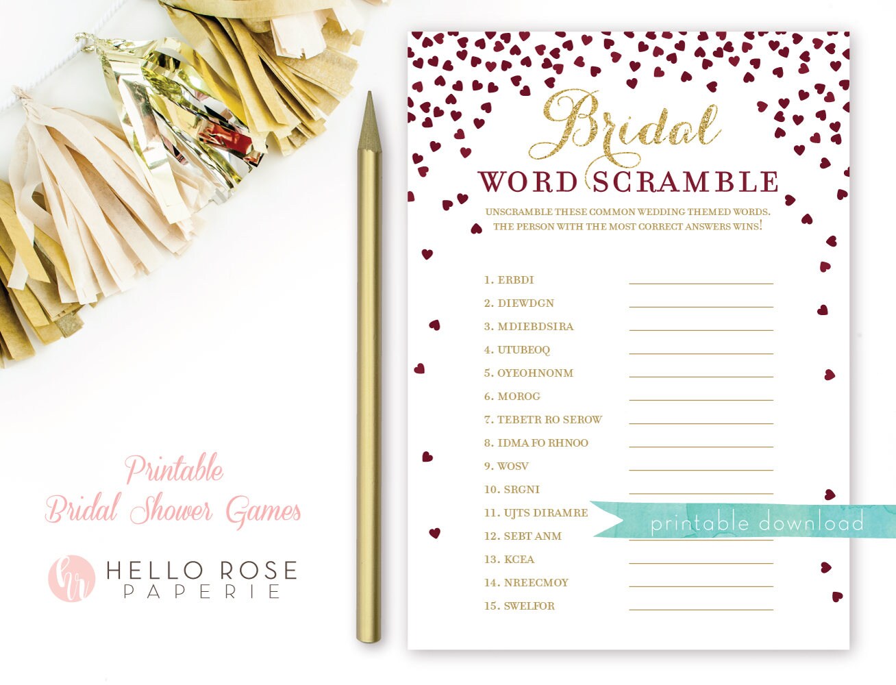 Bridal Word Scramble Bridal Shower Game . Burgundy and Gold Etsy