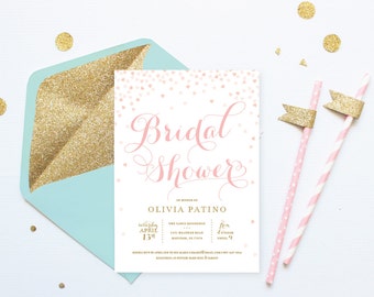 Printable Bridal Shower Invitation . Pink and Gold Invitation . Digital File Download . Printable . Pink hearts . Pink or Gold Glitter text