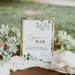 Open Bar Sign Printable . Greenery and Gold . Wedding Cocktails Bar ...