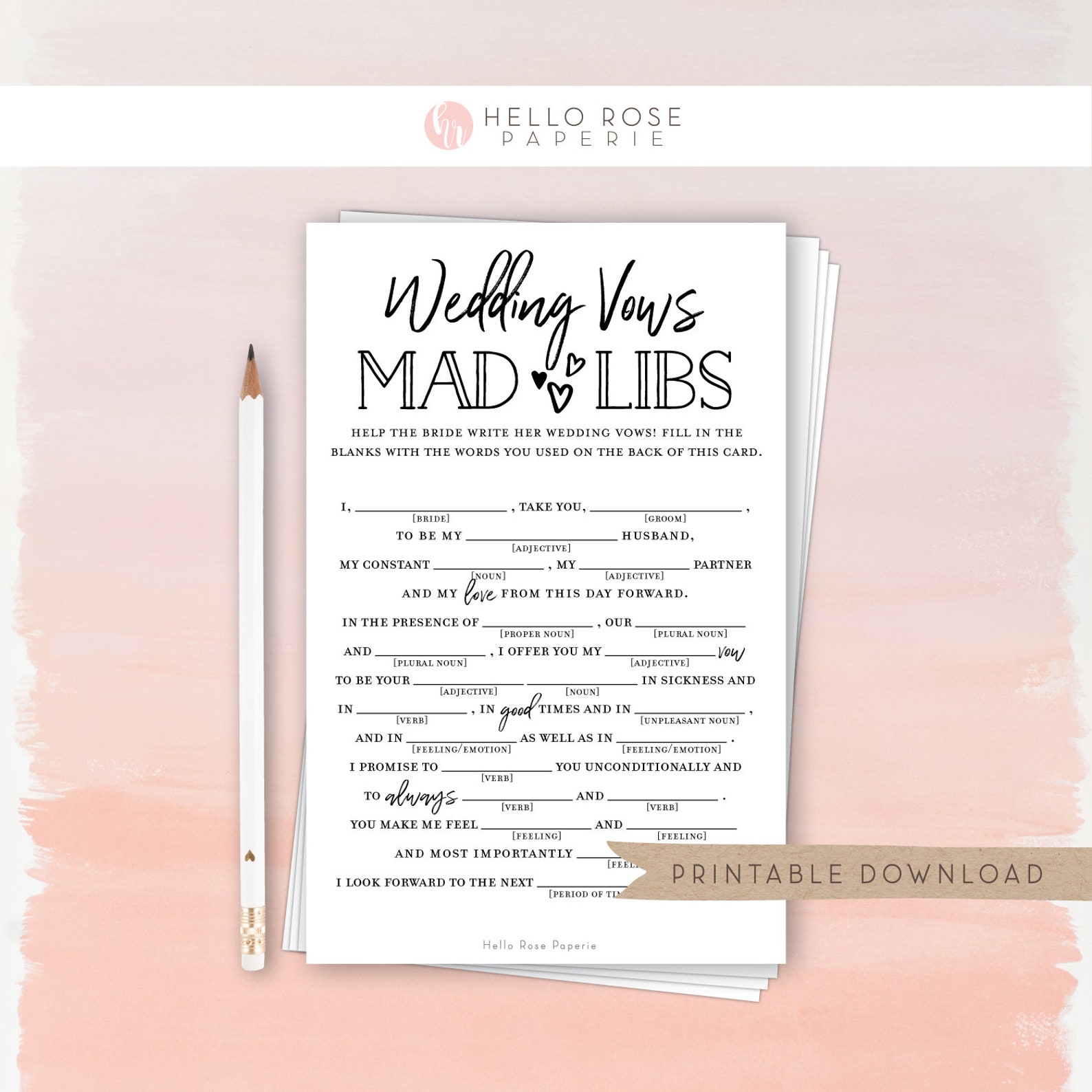 Wedding Vows Mad Libs . Virtual Printable Funny Bridal | Etsy
