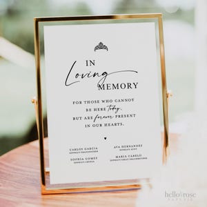 May include: A memorial sign in a gold frame with the words "In Loving Memory." The sign includes names and titles, with a small crown graphic at the top. The text is in black on a white background.