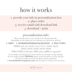 May include: A white and pink graphic with the text "how it works" and a list of steps for customizing and ordering a printable design. The steps include providing personalization information, placing an order, receiving an email with a download link, and downloading and printing the design. The graphic also includes a section titled "personalization info" with instructions on providing necessary details, including size, wording, and file type. The graphic lists available sizes in inches, including 4x6, 5x7, 8x10, 11x14, 11x17, 16x20, 18x24, 20x24, 22x24, 22x28, 24x36, and 36x48. The graphic also includes the text "hello rose paperie" in a pink and white font.