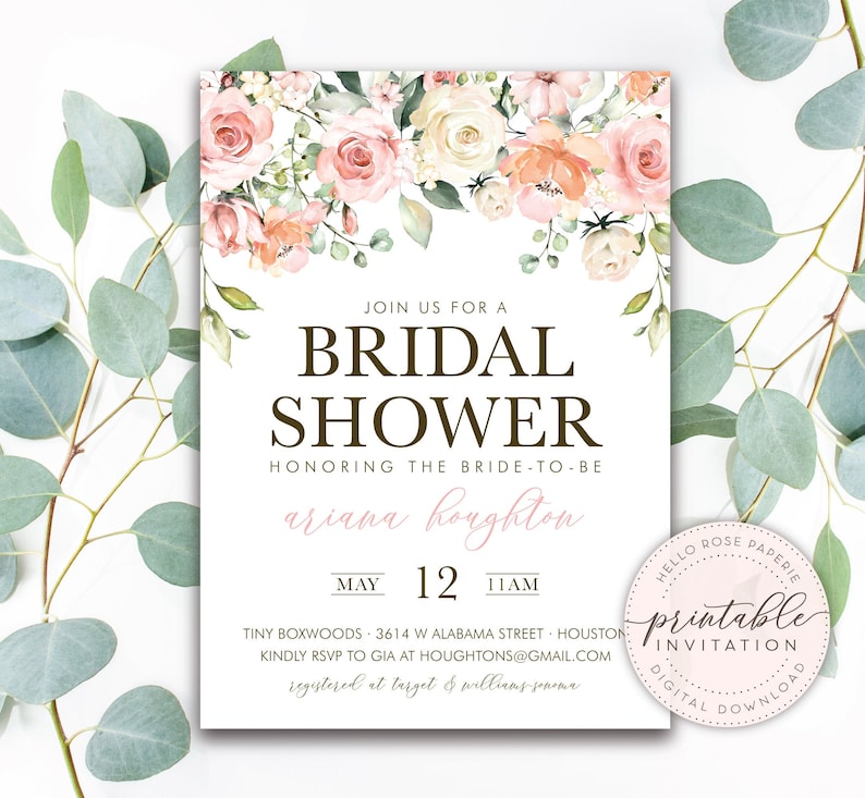 Gold Foil Romantic Rustic Eucalyptus Flowers Floral Blush White Watercolor Bridal Shower Invitation Printable Digital Download PDF
