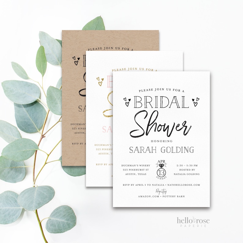 May include: A white bridal shower invitation with black text. The invitation reads "Please join us for a bridal shower honoring Sarah Golding". The date is April 13th, the time is 2:30-5:30 PM, and the location is Duchman's Winery in Austin, Texas. The invitation also includes the RSVP information and the registry information.
