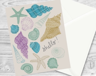 Shello! Greeting Card / Seashell Note Card / Ocean Stationary / Cute Beach Card / Seashell Art / Ocean Pun Card / Beach Greeting Card