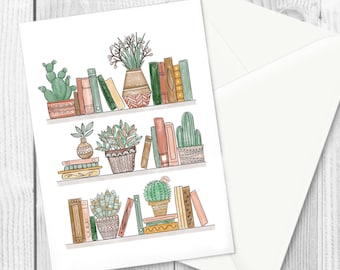 Boeken en potplanten wenskaart / succulente blanco kaart / bibliotheek wenskaart / boekenliefhebber kaart / cactus en boeken kaart