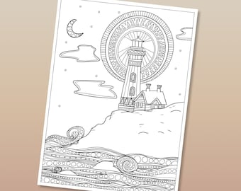 Lighthouse Coloring Sheet for Adults and Kids / Seashore Coloring Page / Printable Coloring Sheet / Instant Download / Oregon Coloring Page