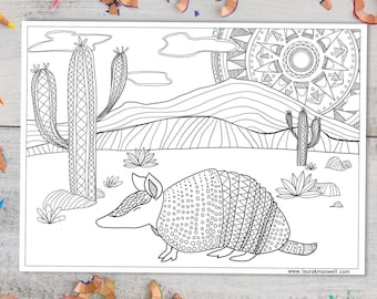 Armadillo Desert Coloring Sheet for Adults and Kids  / Armadillo Coloring Page / Desert Art / Instant Download / Printable Activity