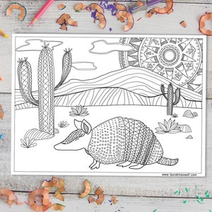 Armadillo Desert Coloring Sheet for Adults and Kids / Armadillo Coloring Page / Desert Art / Instant Download / Printable Activity image 1