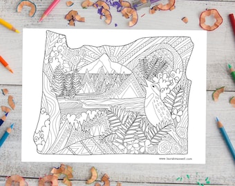 Oregon Coloring Sheet for Adults and Kids 11x8.5 / Oregon Coloring Page / Oregon Map / Instant Download / Printable Activity