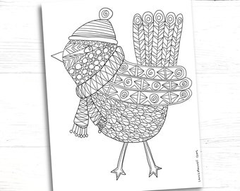Printable Winter Bird Coloring Page for Adults and Kids / Doodle Coloring Sheet / Christmas Doodle / Holiday Coloring / Instant Download