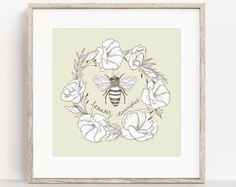 Honey Bee in a Lisianthus Wreath Art Print / Beauty Nourishes / Botanical Wall Art / Floral Illustration / Bee Art Print / Bugs and Flowers
