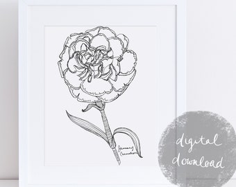 Januari-anjerkunstprint, zwart-witte bloemenlijnkunst (digitale download)
