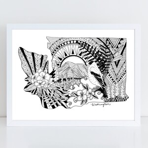 Washington State Art print / Washington Art / Pacific Northwest Wall Art / Washington Decor / Washington Map / Mt Ranier  / Goldfinch