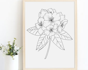 Rhododendren Drawing Art Print / Floral Art / Botonical Print / Black and White Flower Drawing / Botanical Illustration Wall Art