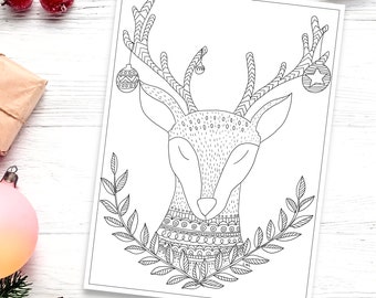 Christmas Reindeer Coloring Sheet for Adults and Kids  / Christmas Coloring Page / Printable Coloring Page / Christmas Party Activity