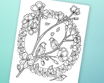 Cherry Blossoms with Birds Printable Coloring Page for Adults and Kids / Spring Coloring Sheet / Downloadable Coloring Page