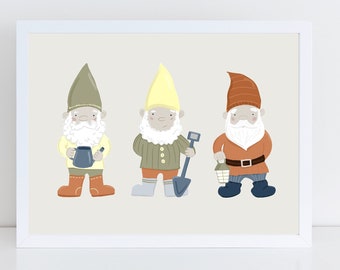 Gnome Trio Art Print / Cute Gardening Art / Spring Decor / Garden Gnome Art