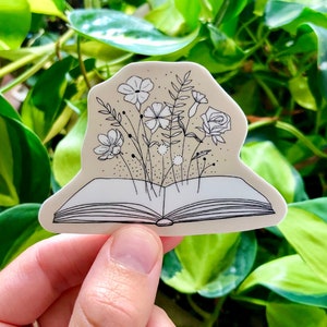 Flowers and Book Vinyl Sticker / Book Lover Gift / Library Sticker / Black and White Book Drawing / Floral Sticker / Open Book Art image 1