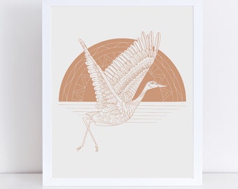 Peachy Crane Art Print / Flying Sandhill Crane Wall Art / Bird Art / Crane Art /