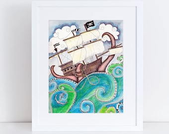 Pirate Peril Art Print / Pirate Ship Wall Art / Sea Monster Art / Ocean Wall Art / Nautical Print / Bathroom Decor / Sea Monster Wall Art