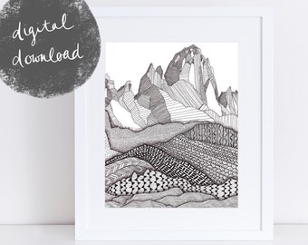 Printable Patterns on Patagonia Art Print / Downloadable Mountain Art Print / Giclee Print / Black and White Art / Landscape Wall Art