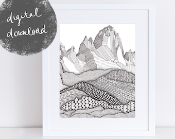 Printable Patterns on Patagonia Art Print / Downloadable Mountain Art Print / Giclee Print / Black and White Art / Landscape Wall Art