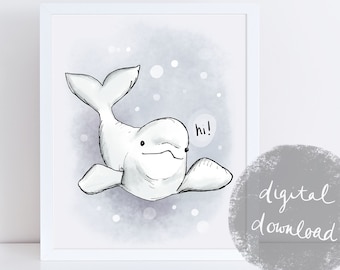 Lámina de ballena beluga bebé, adorable ilustración en acuarela para habitación infantil (descarga digital)