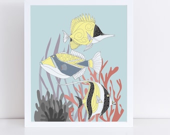 Hawaiian Reef Fish Art Print / Fine Art Print / Coral Reef Wall Art / Beach Decor / Nursery Art Print / Ocean Animal Wall Art / Fish Art