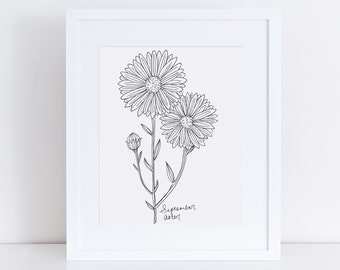 September Aster Art Print / Birth Flower Print / Aster Wall Art / Botanical Art Print / September Birthday Gift / Flower Wall Art