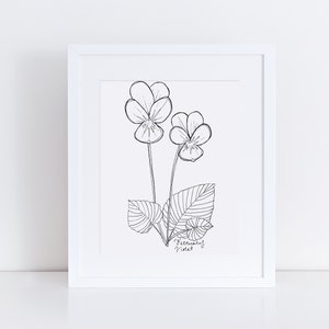 February Violet Art Print / Violet Flower Wall Art / February Birthday Gift / Floral Wall Art / Black and White Violet / Botanical Art Print