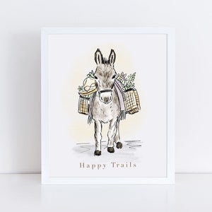 Happy Trails Donkey Art Print / Travel Wall Art / Donkey Decor / Cute Donkey Art / Nursery Decor / Donkey Watercolor / Farm Animal