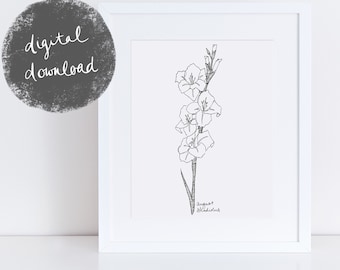 Gladiolus Birth Flower Print, August Botanical Art (Digital Download)