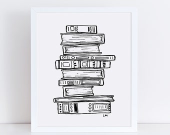 Pile de livres Art Print / Livres en noir et blanc Art / Décor de bibliothèque / Art du livre / Art en noir et blanc / Giclee Art Print / Cadeau pour lecteur