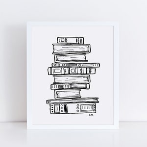 Stack of Books Art Print / Black and White Books Art / Library Decor / Book Art / Black and White Art / Giclee Art Print / Gift for Reader image 1
