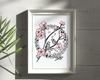 Cherry Blossoms and Birds Art Print / Fine Art Print / Flowerl Wall Art / Birds Decor / Nursery Art Print / Floral Tree Wall Art