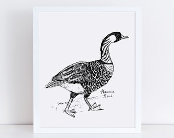 Hawaii Nene State Bird Art Print /  Hawaii Decor / Bird Drawing / Hawaii Gift / Black and White Bird Drawing / State Bird Art / Nene Drawing