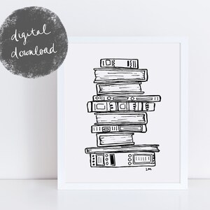 May include: A black and white line drawing of a stack of books in a white frame. The books are drawn in a simple, stylized way, with no details of the covers or spines. The drawing is on a white background.
