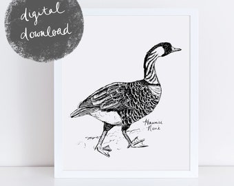 Afdrukbare Hawaii Nene State Bird Art Print / Hawaii Decor / Bird Drawing / Hawaii Gift / Zwart-witte vogeltekening / Nene Drawing