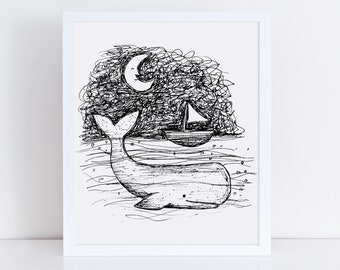 Whale and Moon Art Print / Ocean Art Print / Beach Giclee Print / Whale Art / Nursery Decor / Sail Boat Wall Art / Beach House Decor